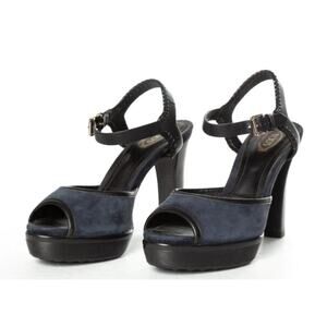 Tod's 39.5 Navy Suede Platform Sandal Whipstitch Ankle Strap